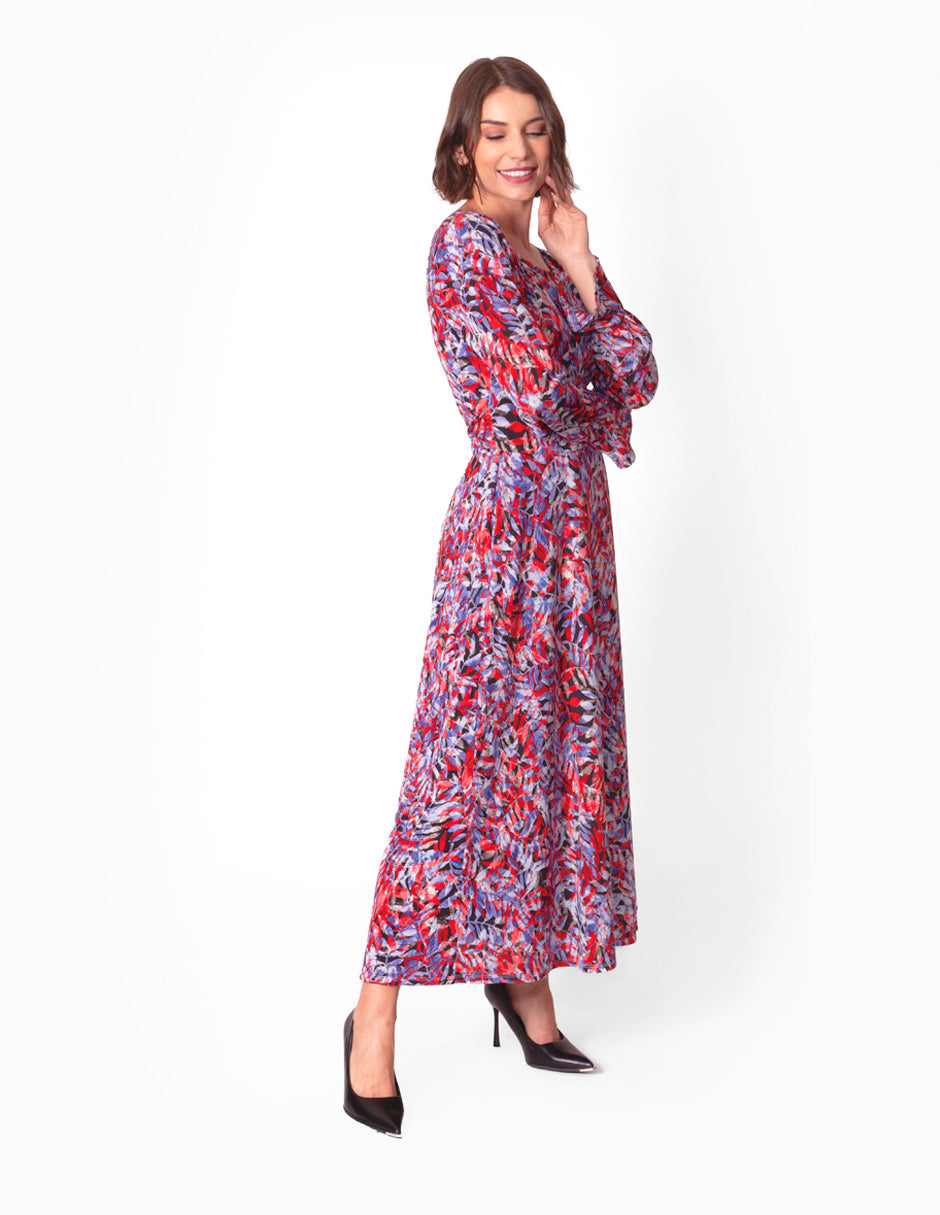 Vestido de licra estampado en hojas Rojo con Azul y Negro