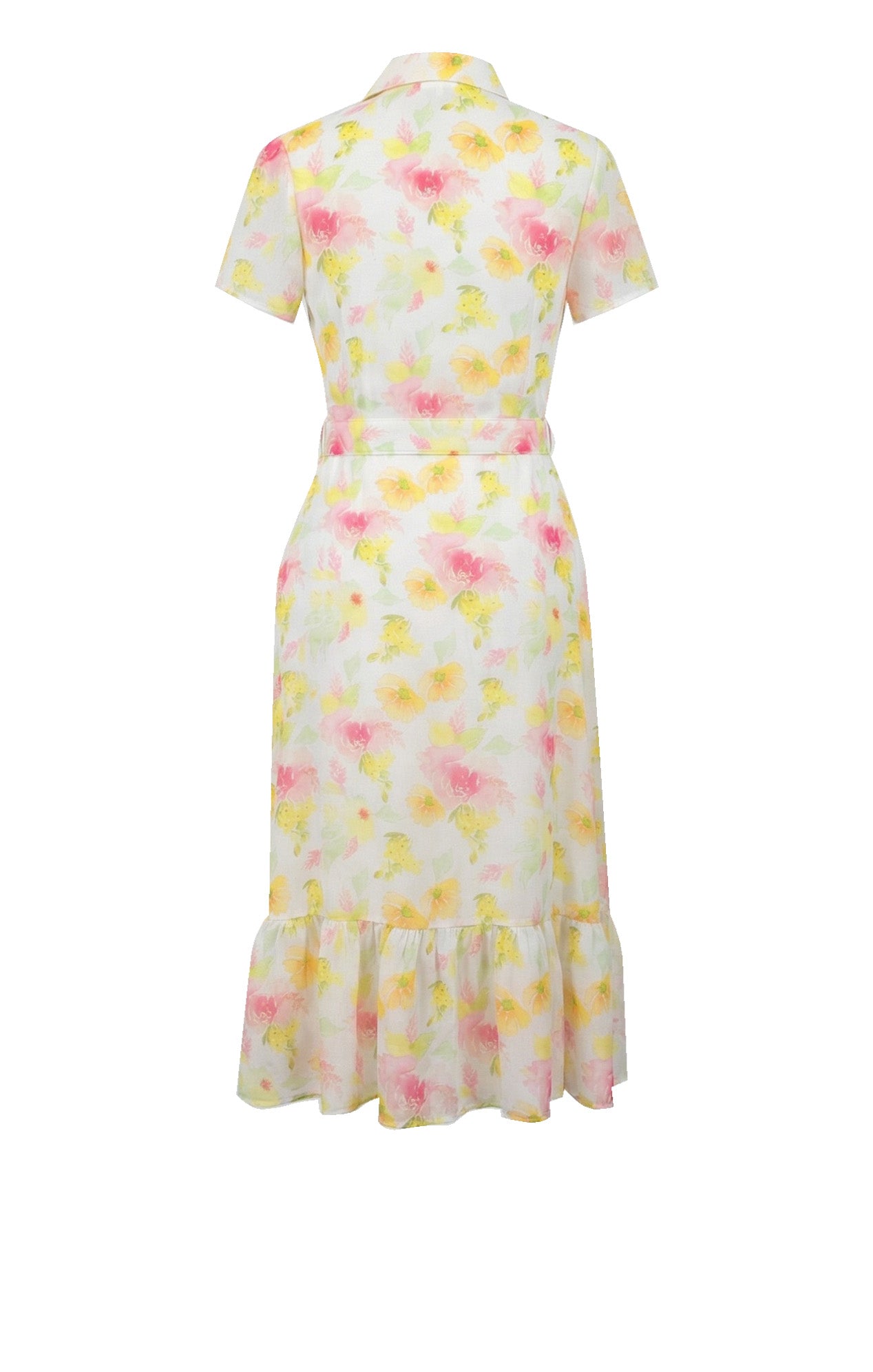 Vestido floral amarillo con rosa estilo camisero