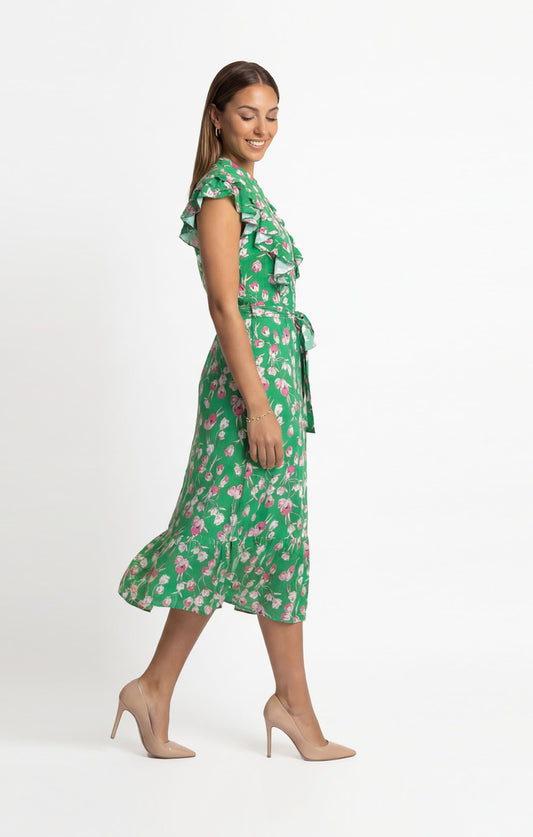 Vestido Verde Estampado largo abotonado al frente estilo romántico