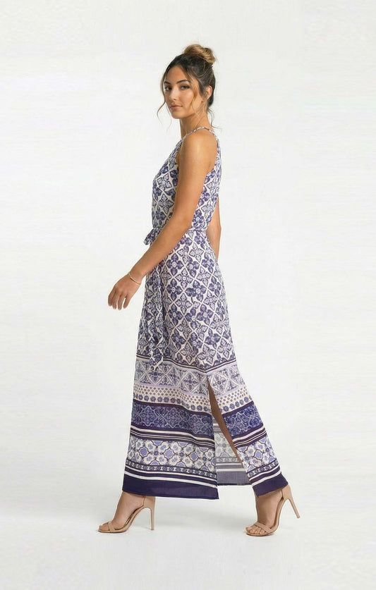Vestido Halter Maxi Estampado Azul