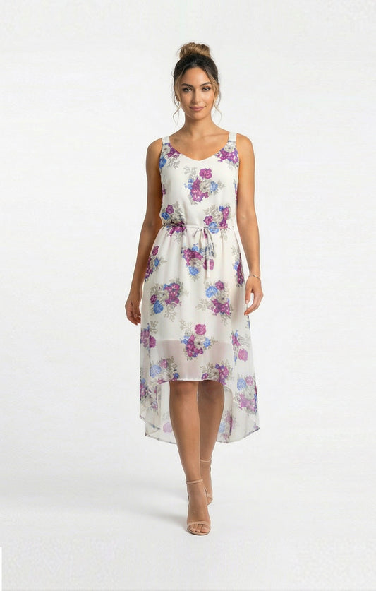 Vestido Blanco de Chifón estampado Floral Morado