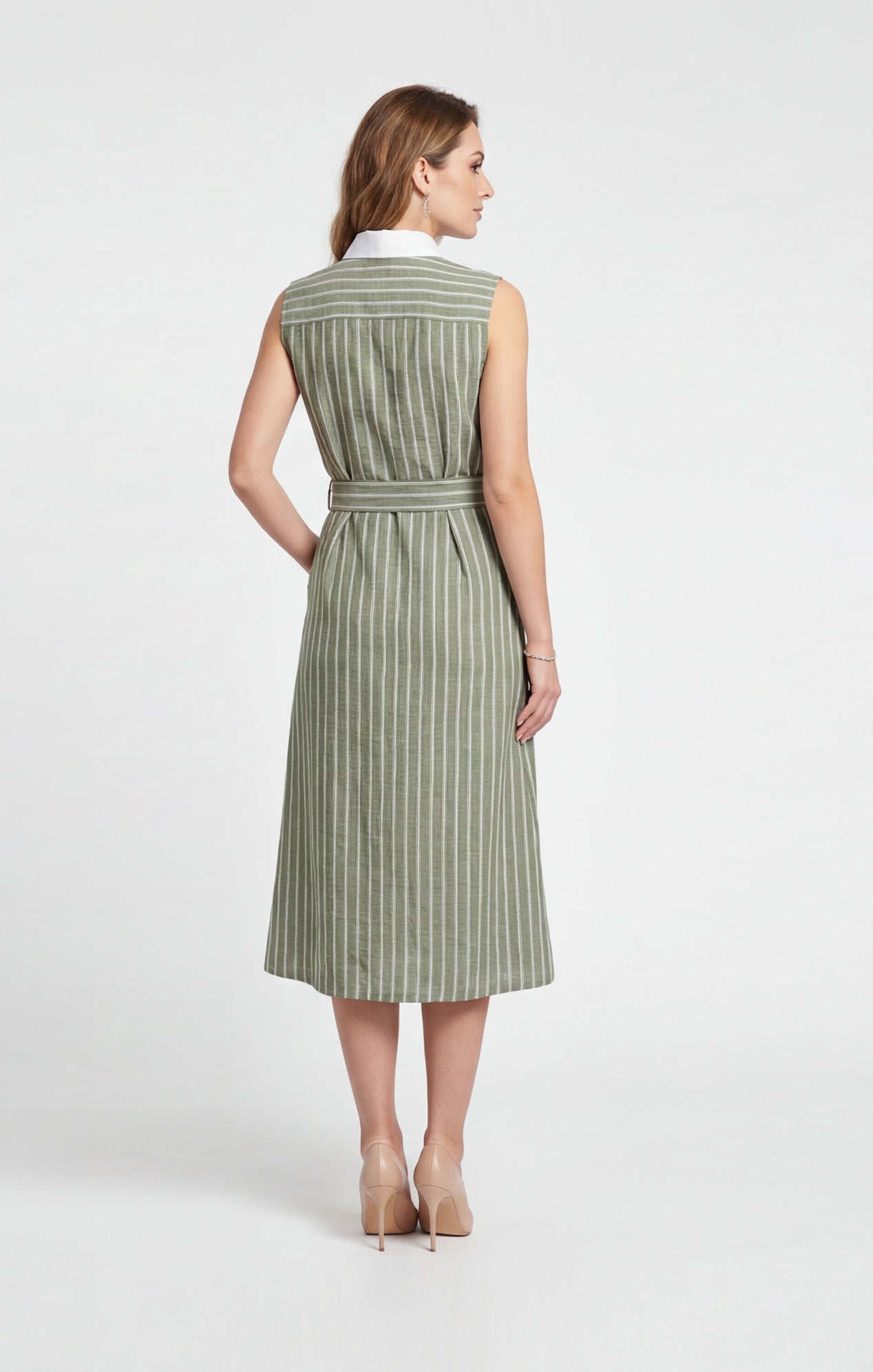 Vestido camisero Verde olivo a rayas. Look Lino