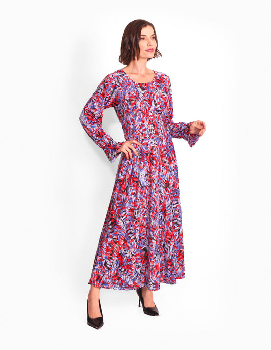 Vestido de licra estampado en hojas Rojo con Azul y Negro