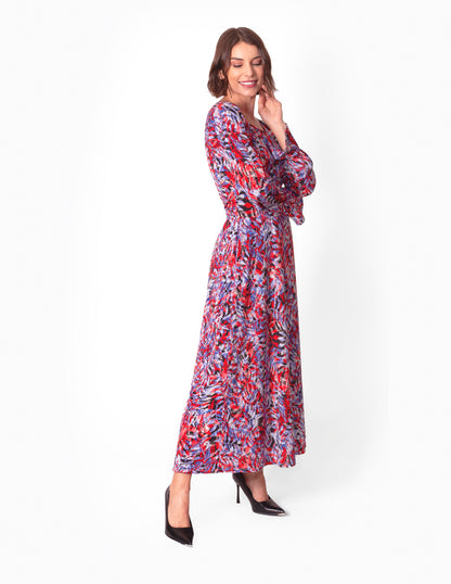 Vestido de licra estampado en hojas Rojo con Azul y Negro