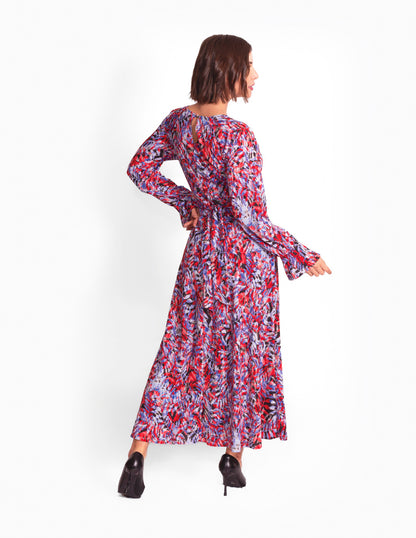 Vestido de licra estampado en hojas Rojo con Azul y Negro