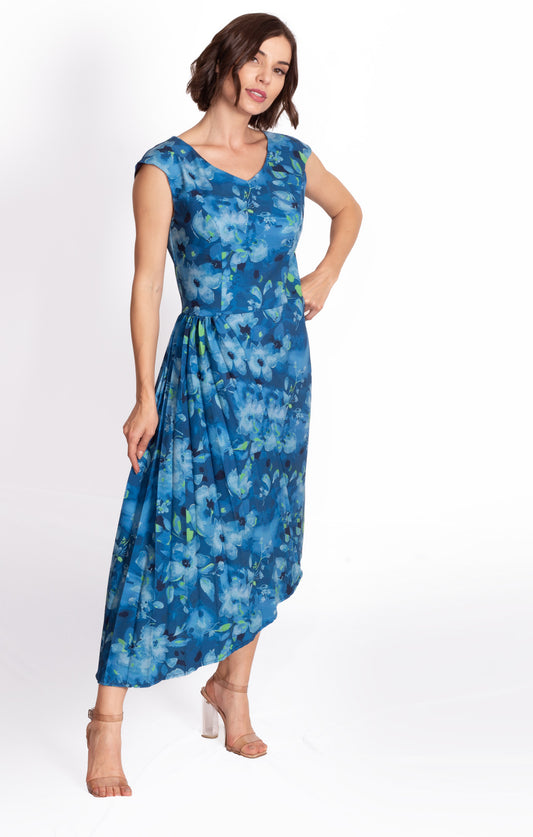 Vestido estampado Azul con falda tableada