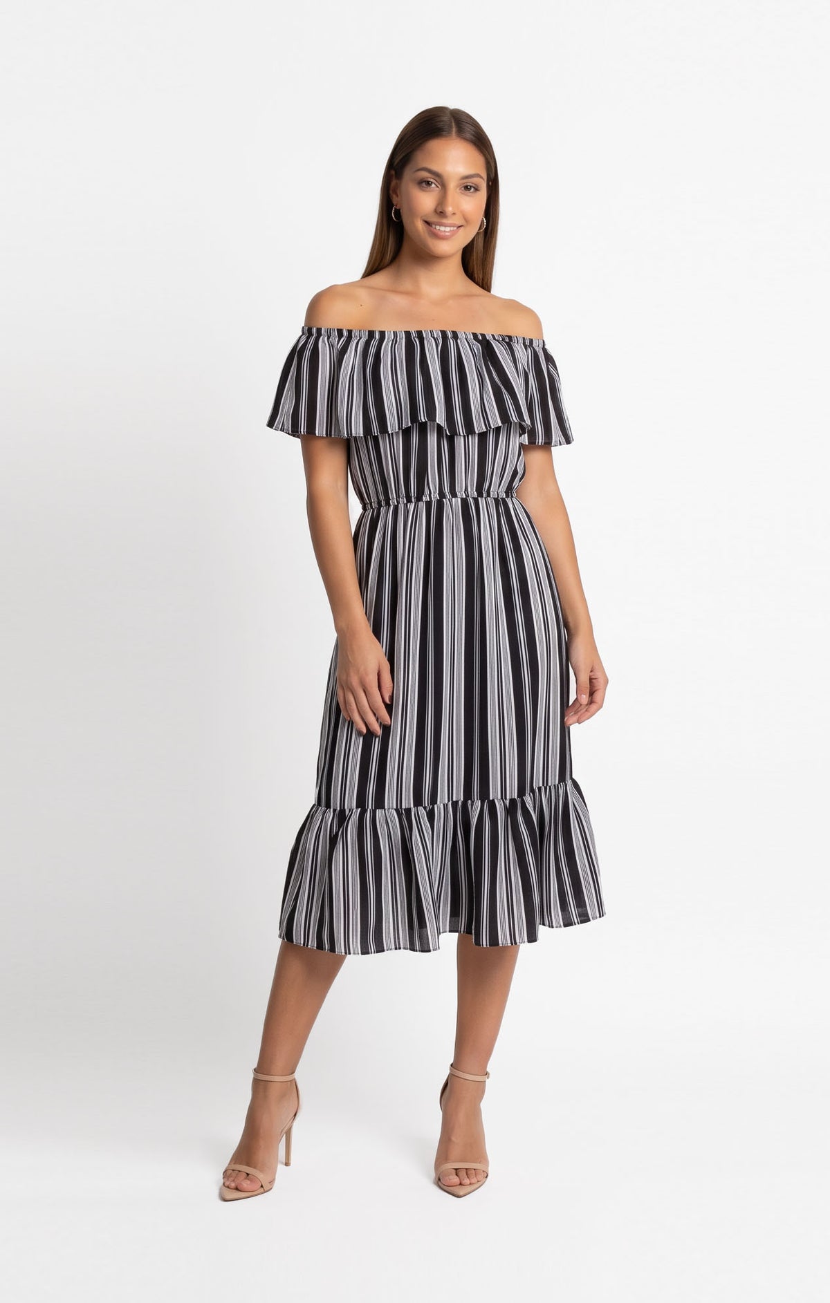 Vestido marino a rayas escote bardot