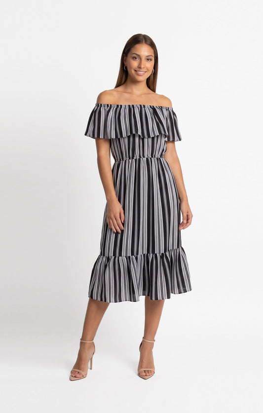Vestido marino a rayas escote bardot