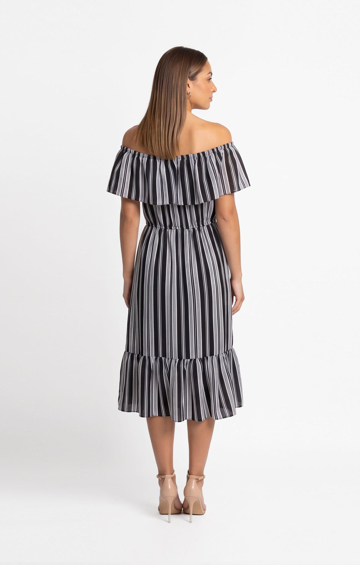 Vestido marino a rayas escote bardot