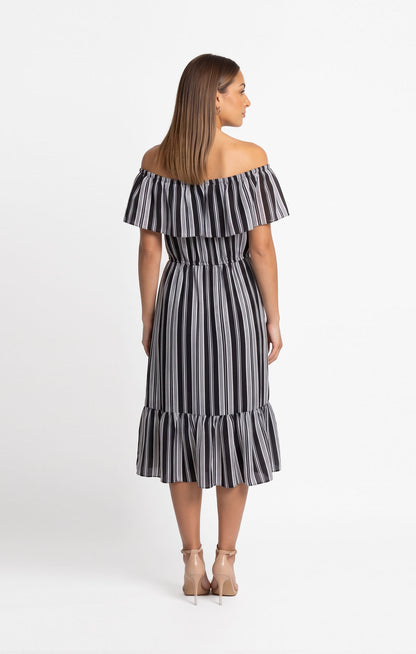 Vestido marino a rayas escote bardot