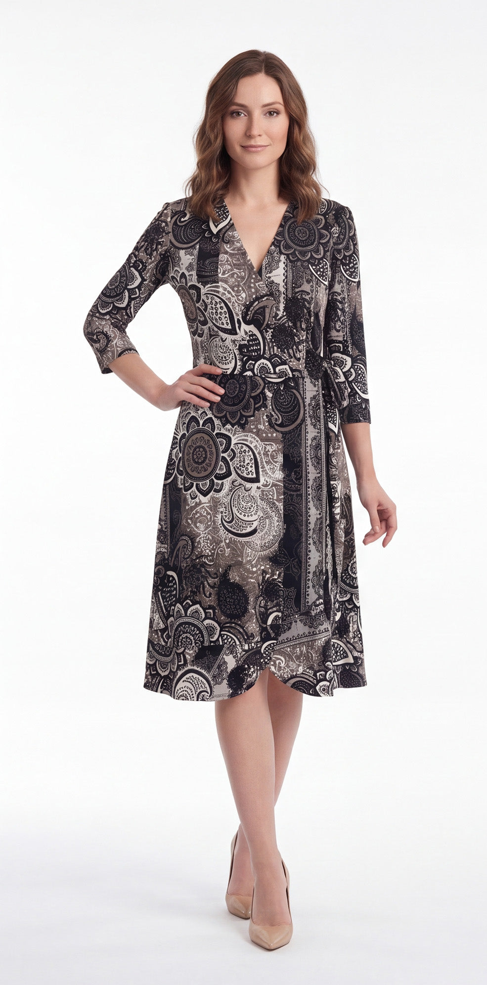 Vestido de licra estampado Negro envolvente / OUTLET