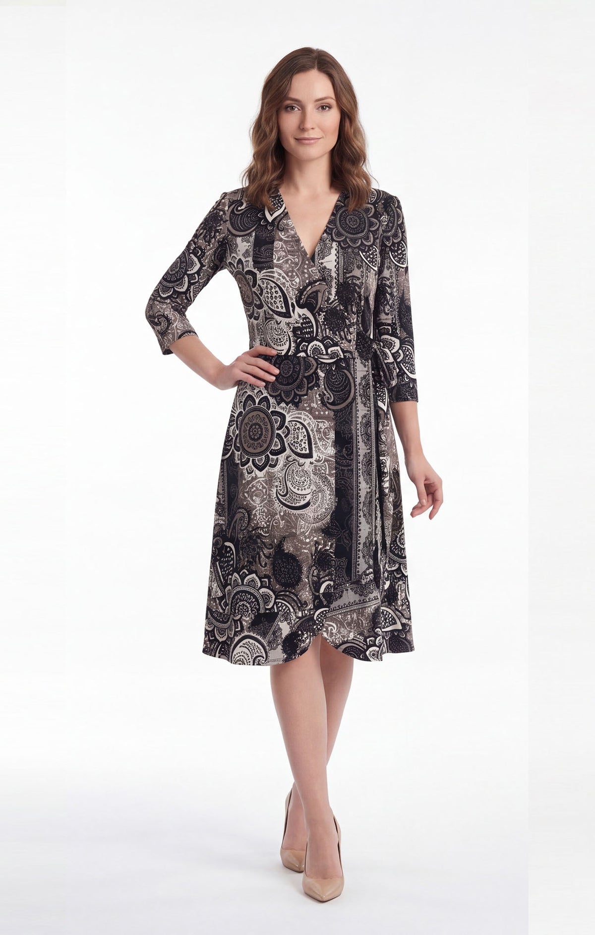 Vestido de licra estampado Negro envolvente / OUTLET