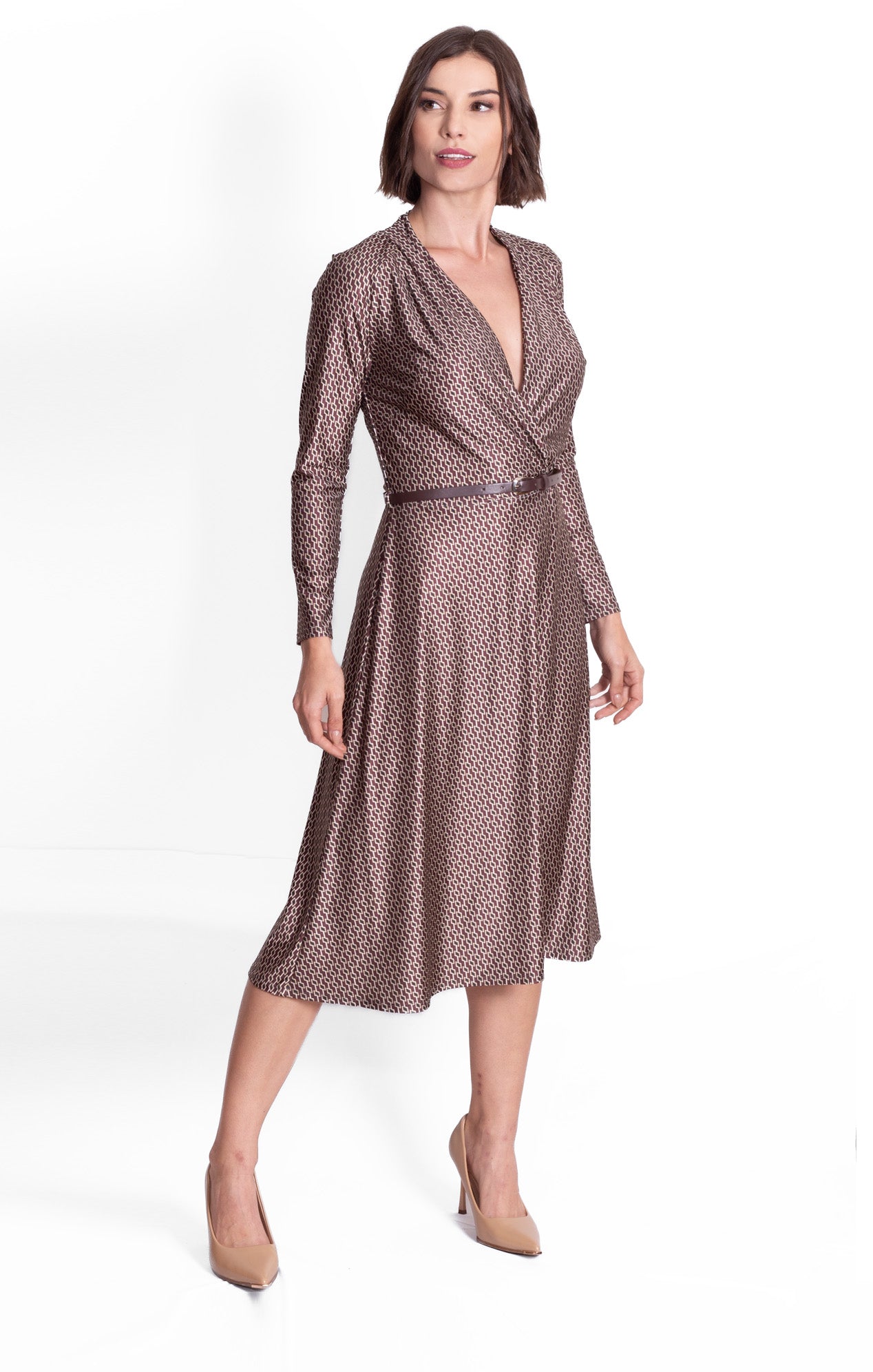 Vestido de licra estampado moka talle cruzado