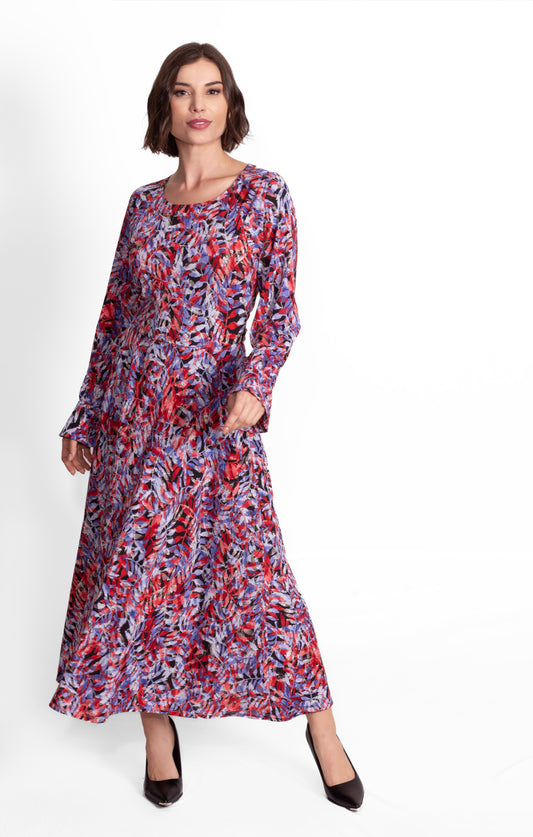 Vestido de licra estampado en hojas Rojo con Azul y Negro