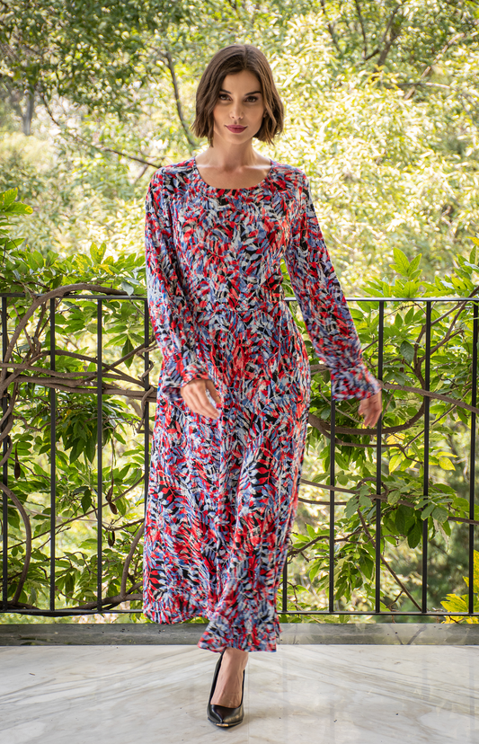 Vestido de licra estampado en hojas Rojo con Azul y Negro