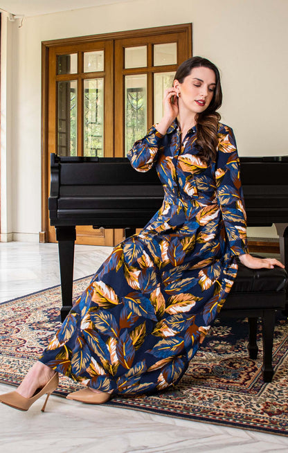 Vestido camisero estampado de hojas