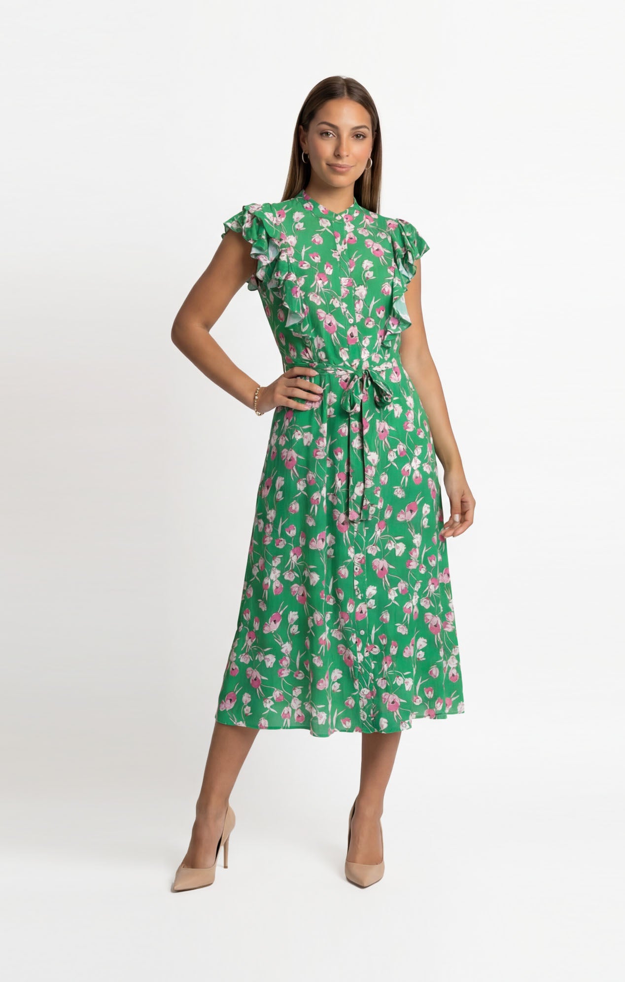 Vestido Verde Estampado largo abotonado al frente estilo romántico