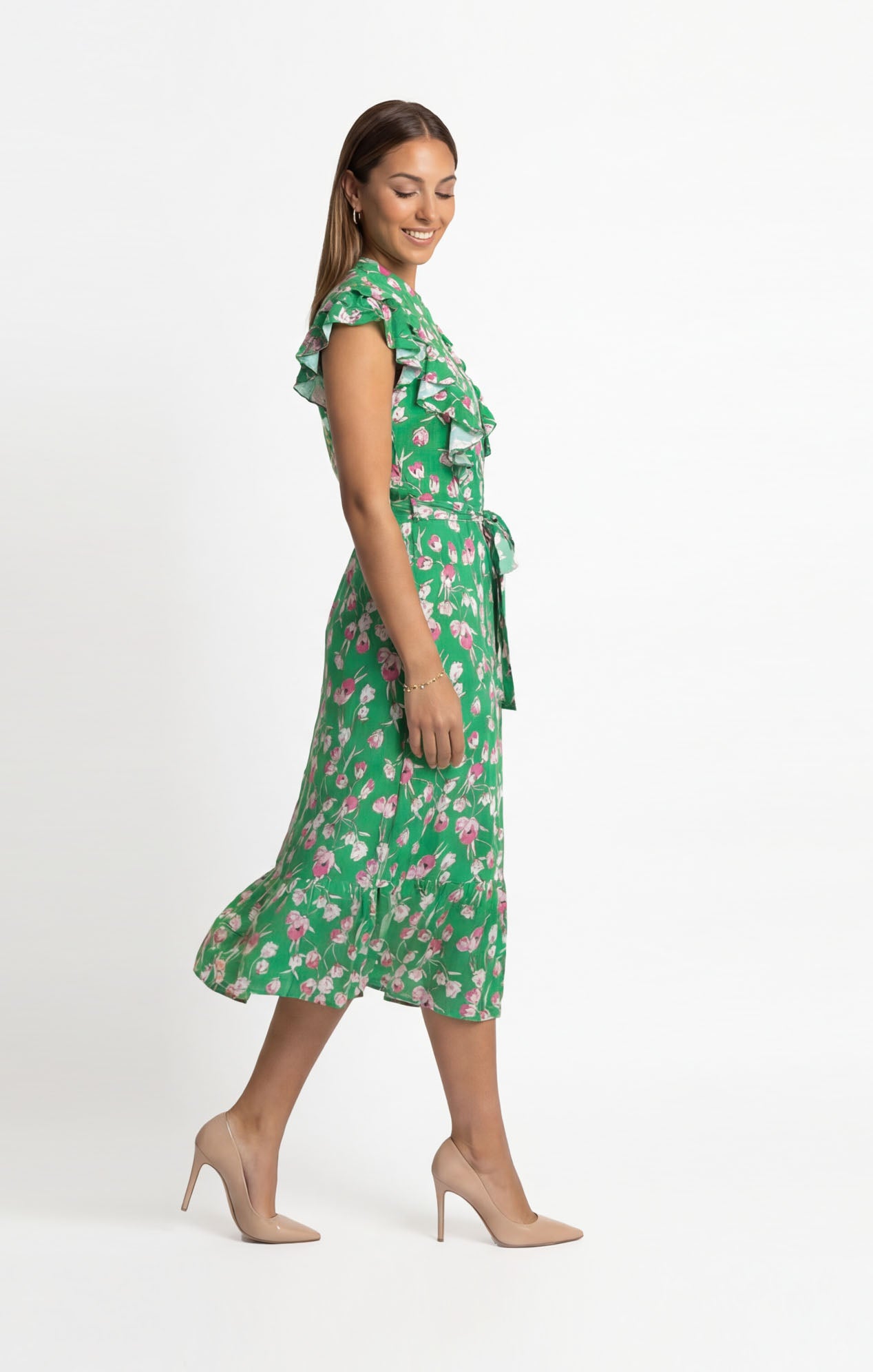 Vestido Verde Estampado largo abotonado al frente estilo romántico