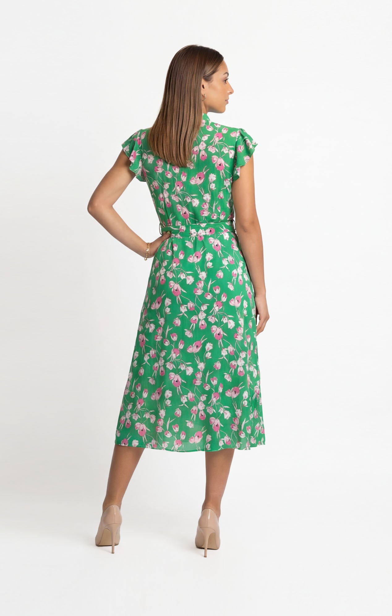 Vestido Verde Estampado largo abotonado al frente estilo romántico