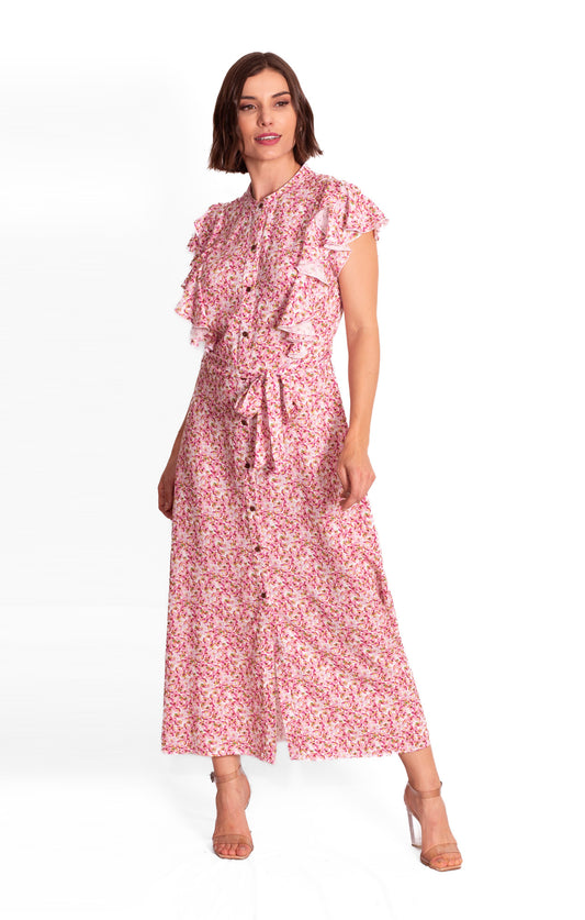 Vestido largo abotonado al frente estilo romantico