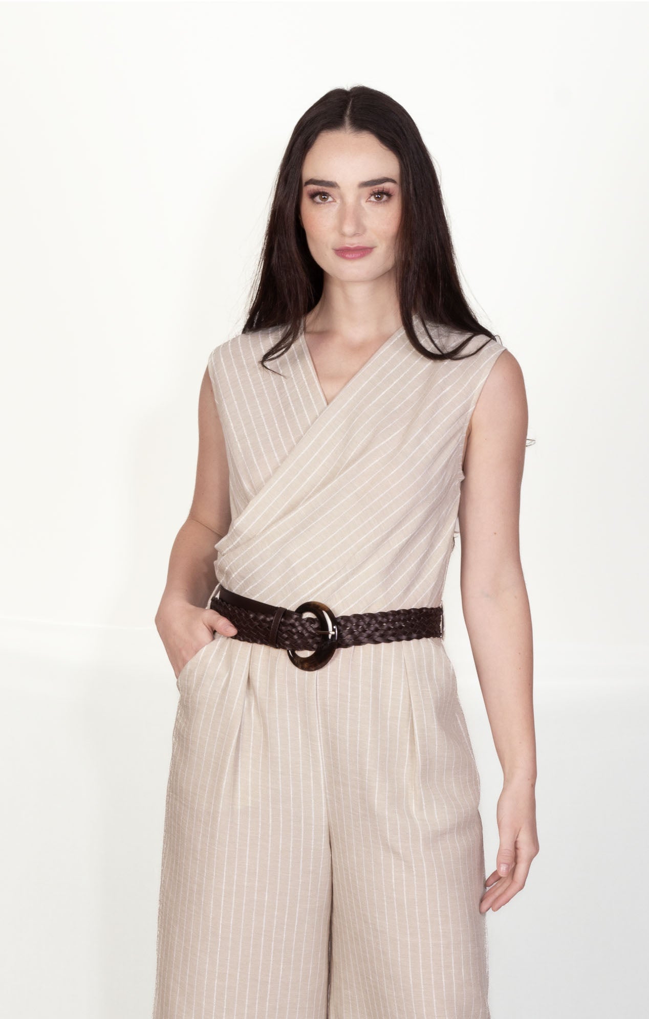 Jumpsuit / Palazzo a rayas beige con lurex