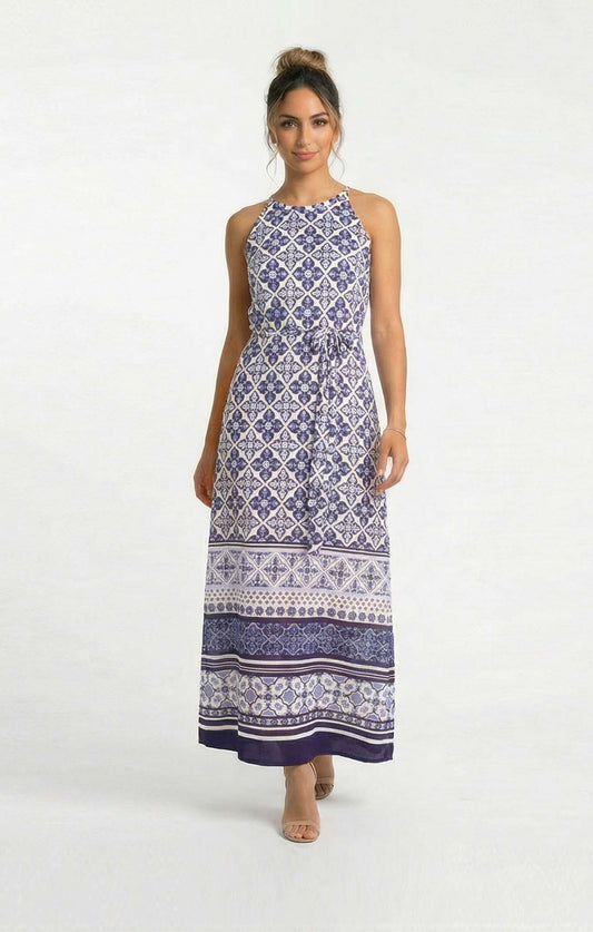 Vestido Halter Maxi Estampado Azul