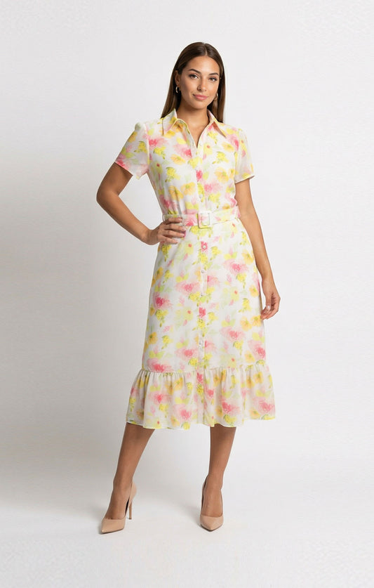 Vestido floral amarillo con rosa estilo camisero