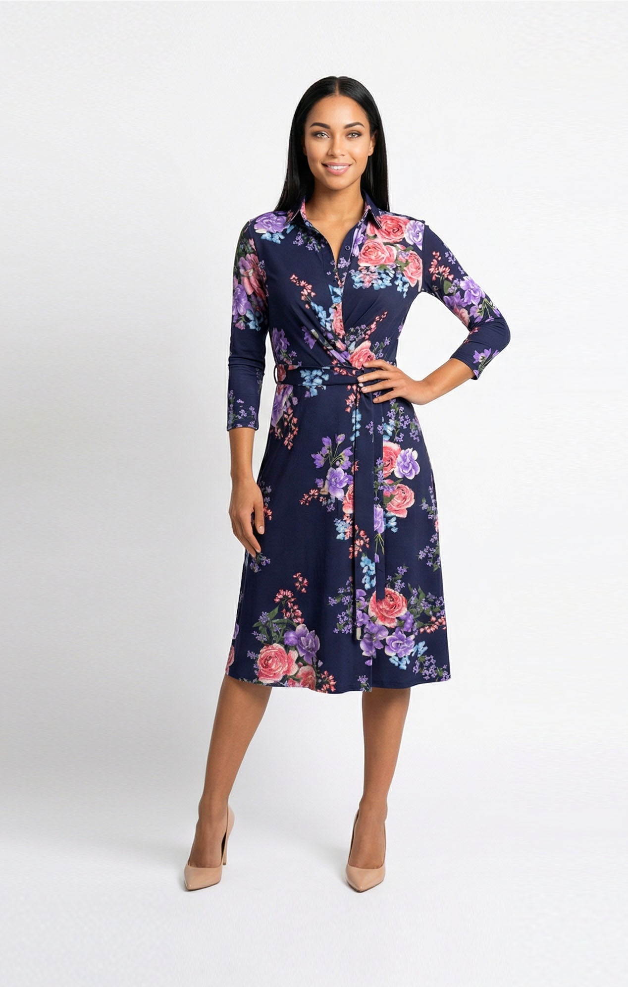 Vestido de licra estampado floral con manga y cuello