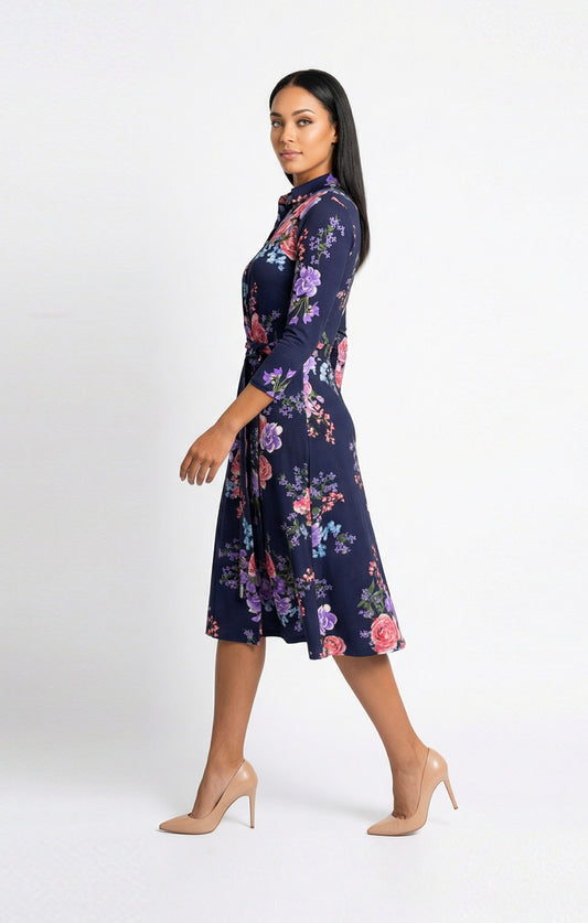 Vestido de licra estampado floral con manga y cuello