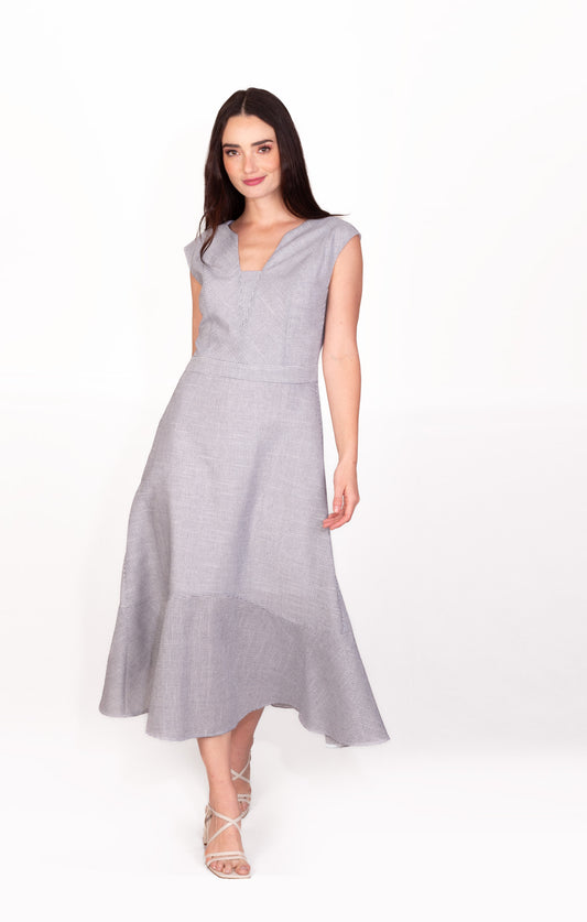 Vestido Azul de micro rayas de algodón, look lino