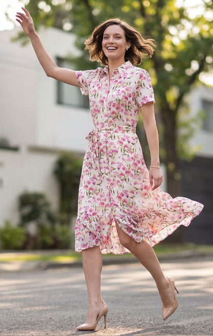 Vestido floral blanco con rosa, Rayón