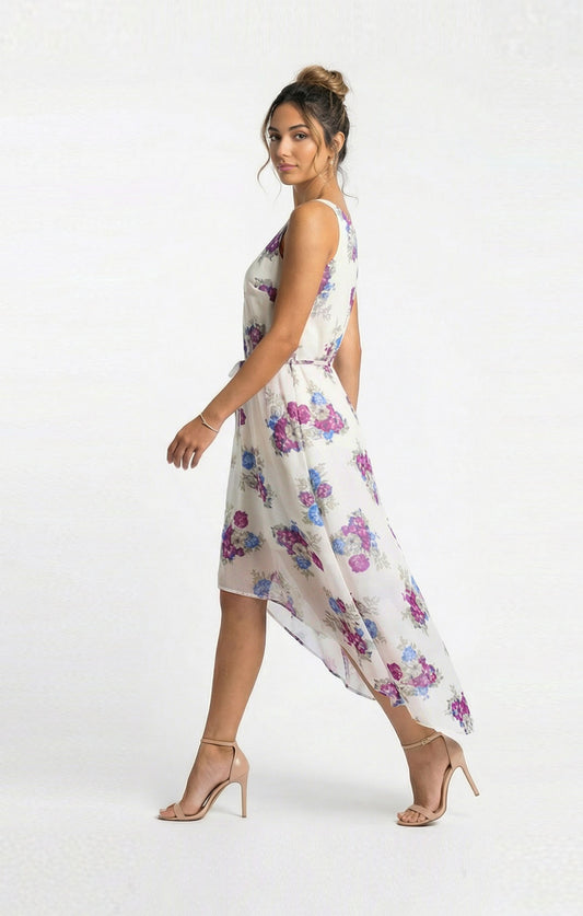 Vestido Blanco de Chifón estampado Floral Morado