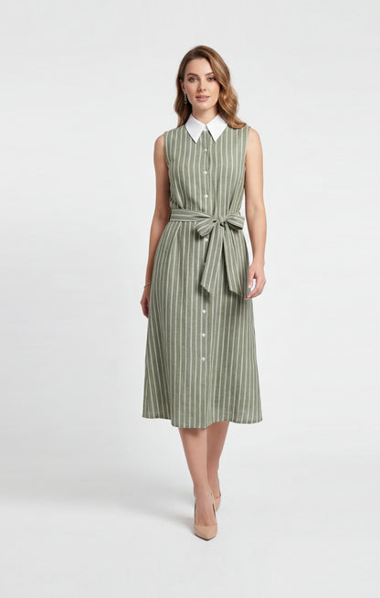 Vestido camisero Verde olivo a rayas. Look Lino