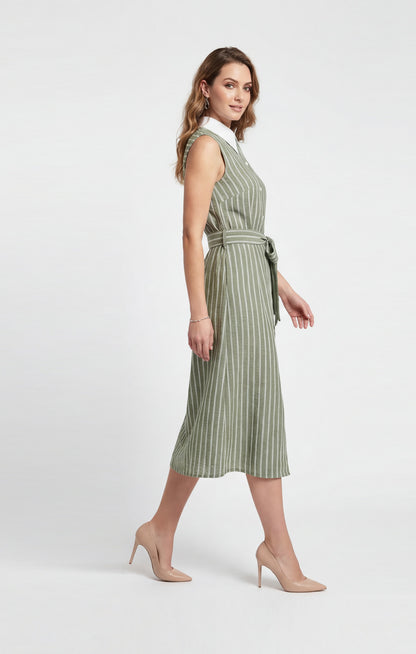 Vestido camisero Verde olivo a rayas. Look Lino