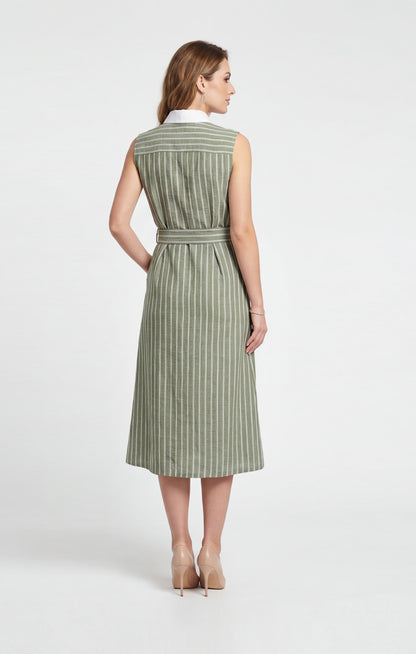 Vestido camisero Verde olivo a rayas. Look Lino