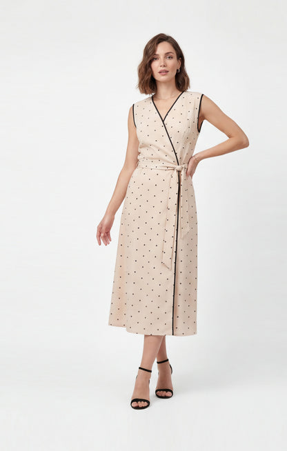 Vestido beige de lunares negros, Rayón